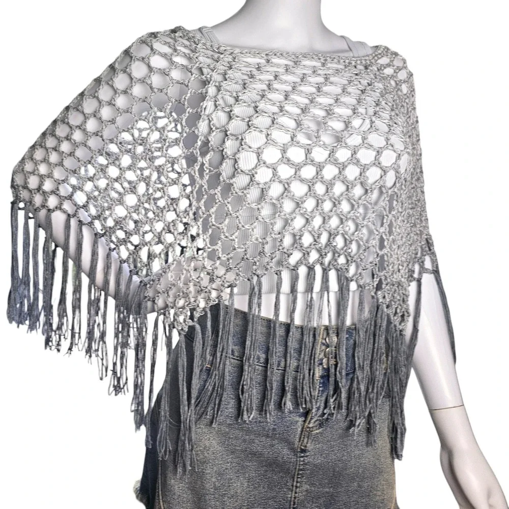 Handmade Crochet Shawl Women Gray Ombre Fringe Cotton Boho Poncho - Picture 8 of 10
